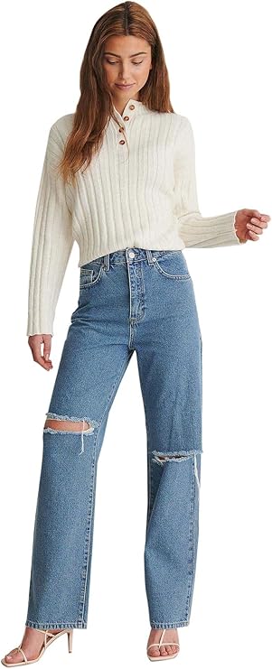 na-kd 女士破洞直筒牛仔裤